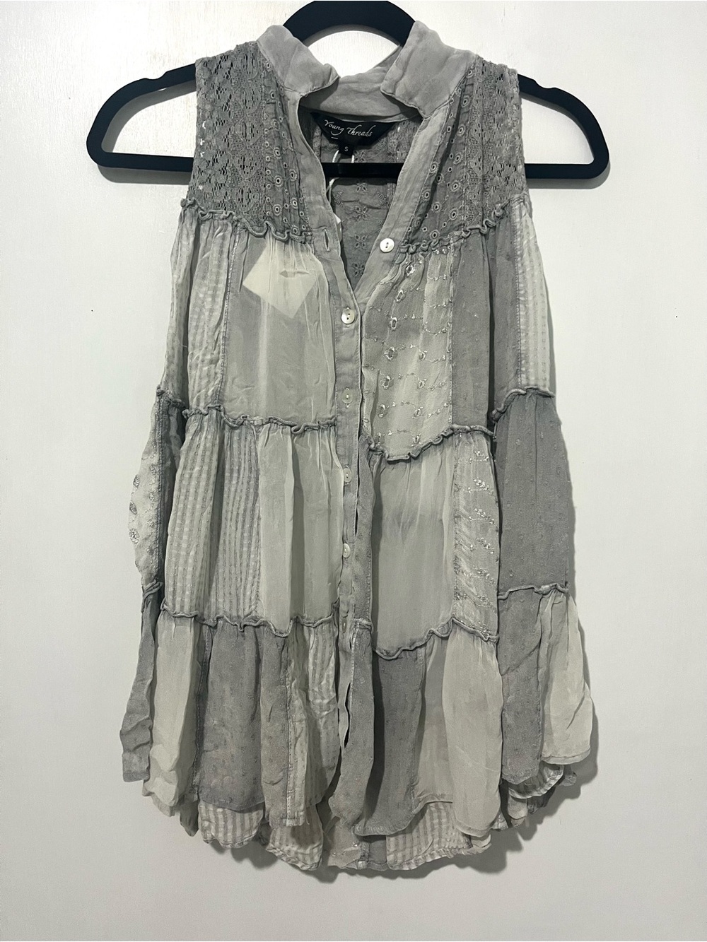 Young Thread Sleeveless Patchwork Button-Front Top